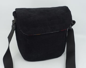 Unique Custom Made Polaroid Instant Camera Bag - Black Corduroy With Camera Print Lining - Fits Most Box Type 600 / SX-70 Cameras