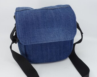 Unique Custom Made Polaroid Camera Bag - Upcycled Denim Jacket & Vintage Shirt - Fits Most Box Type 600 / SX-70 Instant Cameras