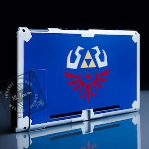 May include: A blue Nintendo Switch console with a white and red Triforce logo. The console has a silver trim and a white button on the side.