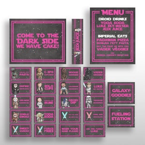 EDITABLE IMPRIMIBLE Tarjeta de comida para fiesta de cumpleaños rosa de Star Wars Carpas, menú, etiquetas para letreros y botellas de agua, personajes originales, etiquetas con nombres y lugares