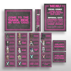 EDITABLE PRINTABLE Star Wars Pink Birthday Party Food Card Tents, Menu, Sign & Water Bottle Labels, Original Characters, Name Place Labels