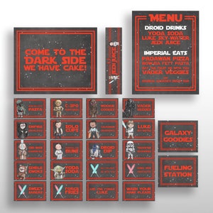 EDITABLE IMPRIMIBLE Tarjeta de comida para fiesta de cumpleaños roja de Star Wars Carpas, menú, etiquetas para letreros y botellas de agua, personajes originales, etiquetas con nombres y lugares