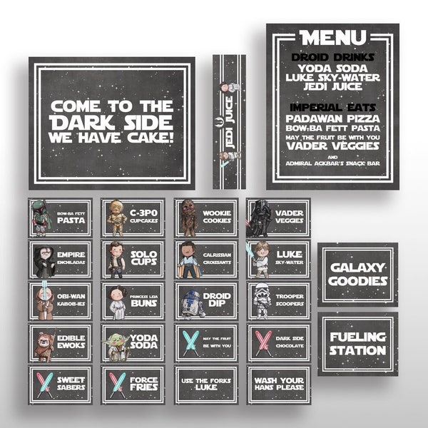 EDITABLE PRINTABLE Star Wars White Birthday Party Food Card Tents, Menu, Sign & Water Bottle Labels, Original Characters, Name Place Labels