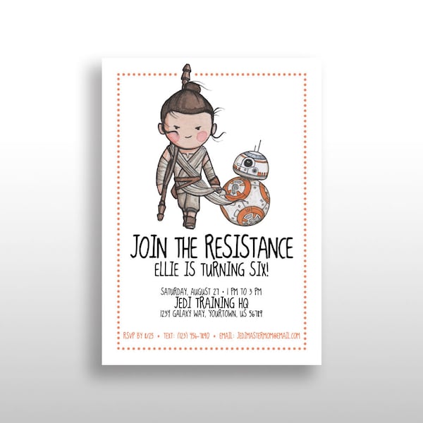 EDITABLE PRINTABLE Orange Star Wars Girl Invitations Rey & BB-8, Birthday Party Invite Instant Download The Force Awakens The Last Jedi .pdf