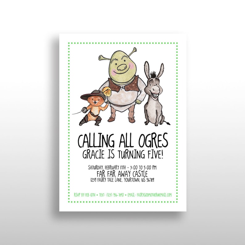 EDITABLE PRINTABLE Shrek Birthday Party Invitations Shrek Donkey Puss In Boots Green Border Bday Party Invite Instant