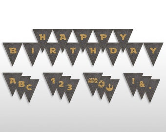 INSTANT DOWNLOAD Gold Glitter Star Wars Birthday Party Pennant Banner, B-day Decor, PRINTABLE Letters Numbers Symbols & Logos, No Characters