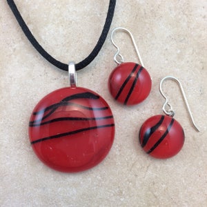 Necklace & Earring Set, Fused Glass Jewelry, Red and Black Glass Jewelry, Sterling Earrings HEA587 image 3