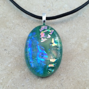 1/2 OFF SALE - Teal Rainbow Necklace, Glass Jewelry, Fused Glass Jewelry, Dichroic Pendant, Dichroic Glass Jewelry, Teal Dichroic - HEA289
