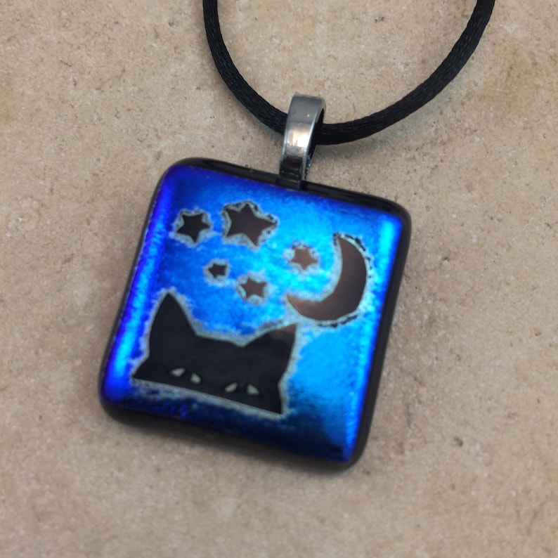 Blue Cat Dichroic Jewelry HEA470 Kitty Cat Necklace Blue Dichroic Cat Moon Pendant Dichroic Pendant Fused Glass Jewelry