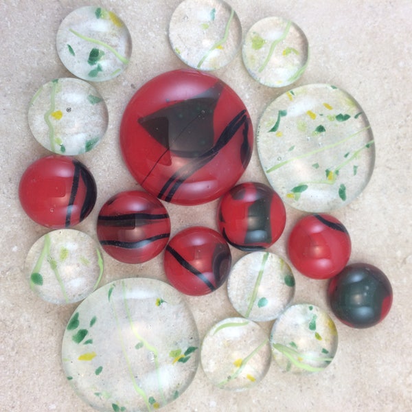 17 Fused Glass Cabs, Seventeen Fused Glass Cabochons,  7 Red Glass Cabs, 10 Clear Glass Cabs, Jewelry, Mosaic - HEA443