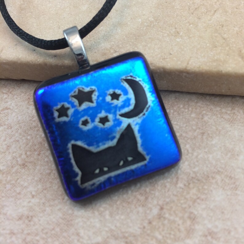 Blue Cat Dichroic Jewelry HEA470 Kitty Cat Necklace Blue Dichroic Cat Moon Pendant Dichroic Pendant Fused Glass Jewelry
