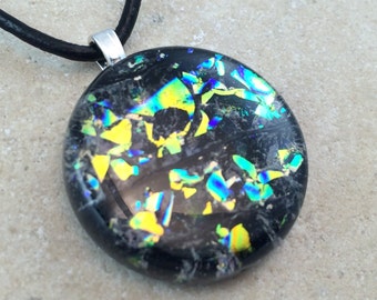 Golden Yellow Necklace, Glass Jewelry, Fused Glass Jewelry, Dichroic Pendant, Dichroic Glass Jewelry, Yellow Dichroic - HEA302