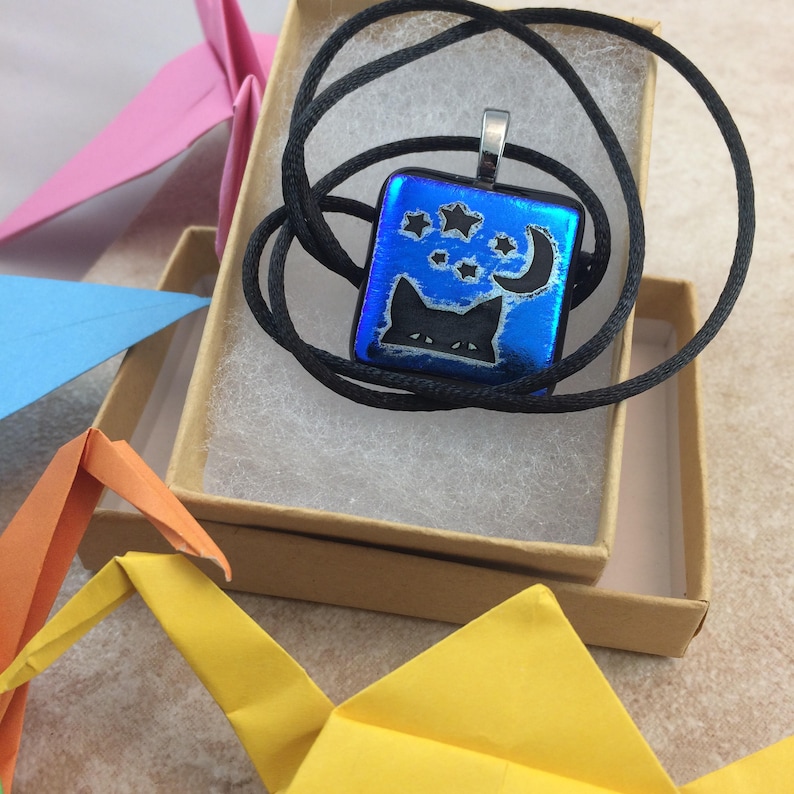 Blue Cat Dichroic Jewelry HEA470 Kitty Cat Necklace Blue Dichroic Cat Moon Pendant Dichroic Pendant Fused Glass Jewelry