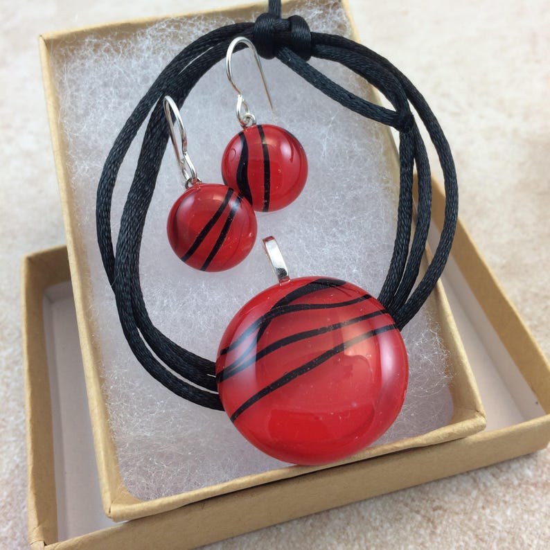 Necklace & Earring Set, Fused Glass Jewelry, Red and Black Glass Jewelry, Sterling Earrings HEA587 image 4