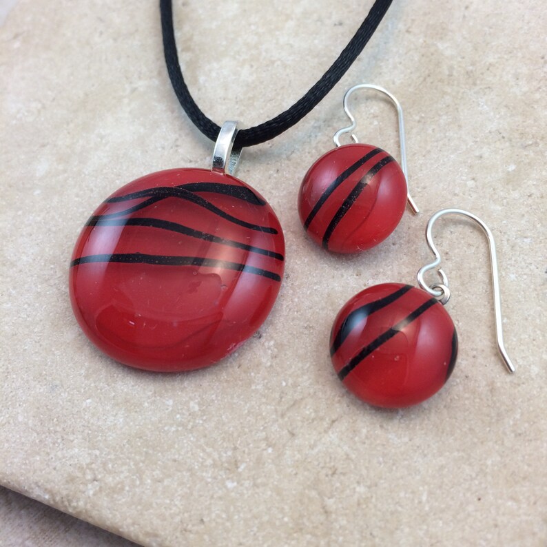 Necklace & Earring Set, Fused Glass Jewelry, Red and Black Glass Jewelry, Sterling Earrings HEA587 image 1