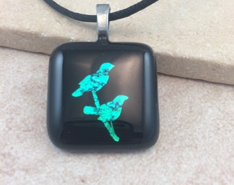 Birds Necklace, Bird Pendant, Teal Green Dichroic Pendant, Fused Glass Jewelry, Dichroic Glass Jewelry, Dichroic Pendant Necklace - HEA450