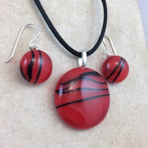 Necklace & Earring Set, Fused Glass Jewelry, Red and Black Glass Jewelry, Sterling Earrings HEA587 image 2