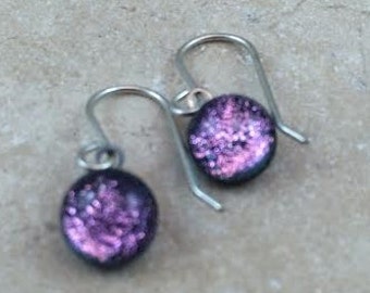 Pink Dot Earrings, Pink Dichroic, Dangle Earrings, Dichroic Earrings, Glass Earring, Fused Jewelry, Sterling Silver - HEA125