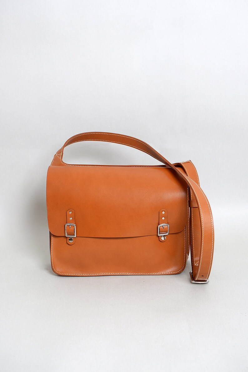 Handcrafted Leather Messenger Bag pictured in Black Leather Etsy