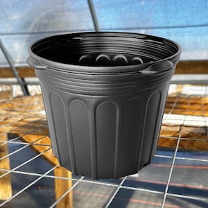 May include: A black plastic nursery pot with a wide, circular rim and a reinforced upper edge. The exterior features vertical ribbed detailing along the sides, providing structural support for the container while maintaining a lightweight design.