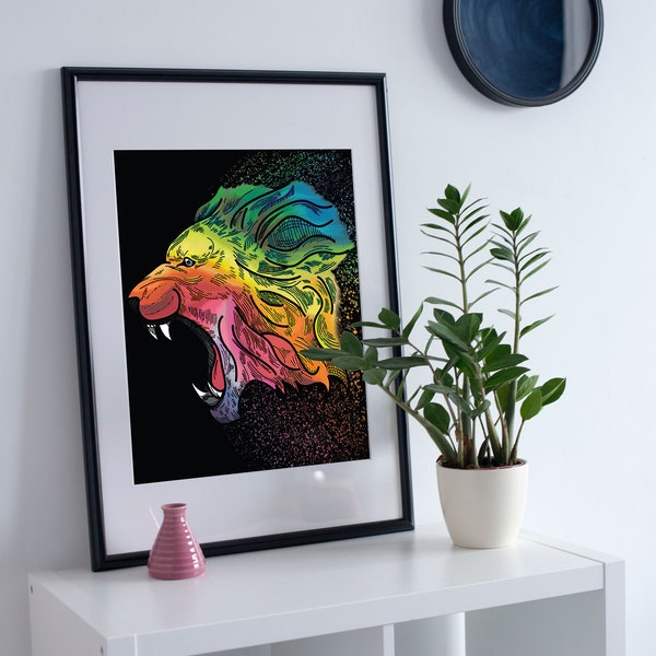 Arc-en-ciel d'affiche de lion dessiné à la main, Lion coloré vibrant, téléchargement numérique d'art de lion