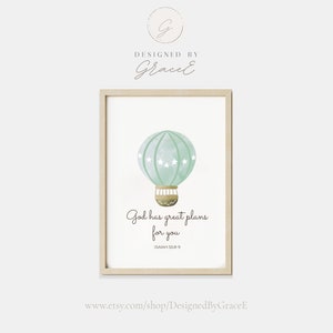 God Has Great Plans for You, Hot Air Balloon, Boho Watercolor nursery print, Nursery decor, Nursery wall art, Christian nursery wall art