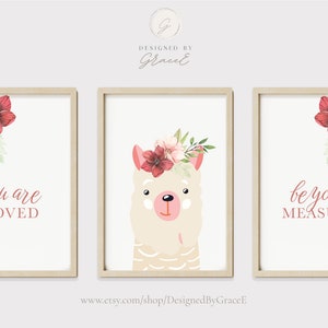 Animal Wall Art - Printable Nursery Wall Art , Lama with flowers, Set of 3, Christian nursery wall art, Bible Verse Nursery Art