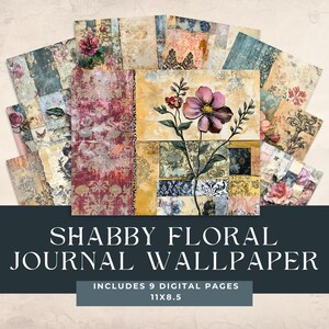 Vintage Shabby Floral Junk Journal Wallpaper, lentebloemenbehang, roze en groen bloemenbehang, Shabby chic, vintage bloemen, digitaal