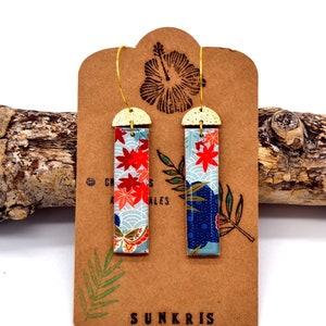 earrings resin and wood rectangle Japanese paper maple gold red blue