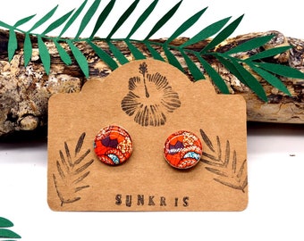 Small wooden earrings with round studs and wax paper, colorful orange blue, chic, minimalist, boho, gift