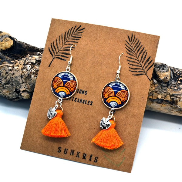 boucles d'oreilles ethniques wax orange bleu argent bijoux femme cabochon Afrique