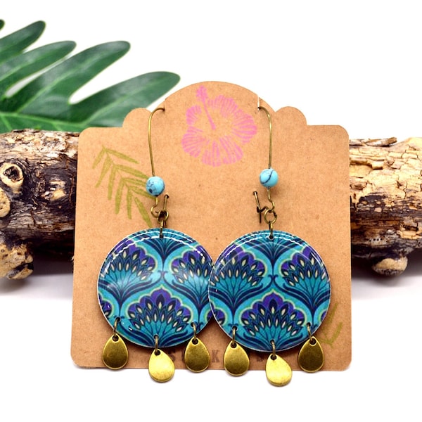 boucles d'oreilles ethniques motifs fleurs Indienne bleu, turquoise et sequins gouttes bronze