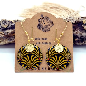Boucles d'oreilles papier japonais motif éventail noir doré jaune, boucles d’oreilles ethniques, boucles d'oreilles artisanales
