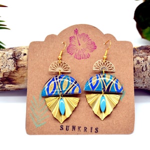 half circle earrings Bombay Indian paper blue resin and gold triangle metal