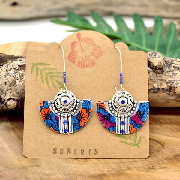 Half-moon earrings inspired by wax fabric: Blue, orange and pink flower pattern for a bold touch of color