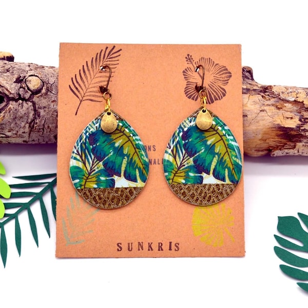 boucles d'oreilles gouttes en résine et papier tropical jungle monstera vert bronze