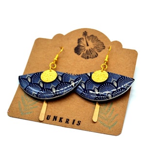 ethnic resinated paper fan earrings peacock gold black brown