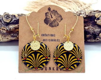 Japanese paper earrings black gold yellow fan pattern, ethnic earrings, artisanal earrings