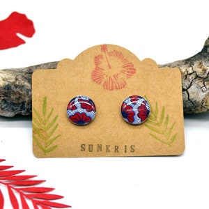 boucles d'oreilles puces en bois wax fleur pagne africain rouge bleu marine bijoux Afrique Bijou seul