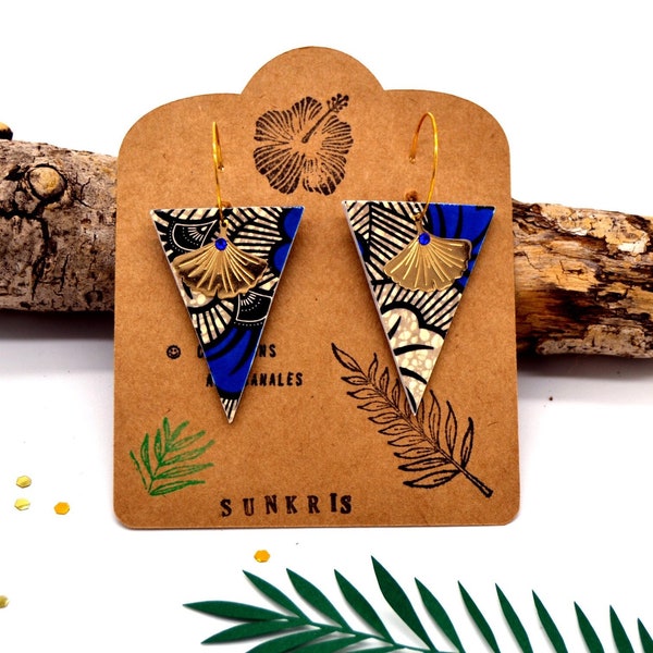 Ethnic triangle earrings paper resin African wax flower blue gold with fine gold women's jewelry gift