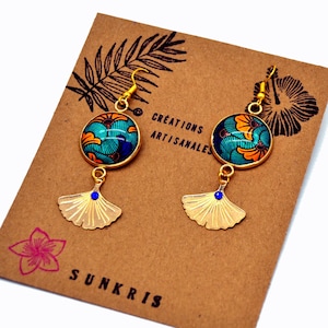 ethnic earrings wax flowers ginkgo orange and blue golden jewelry woman glass cabochon Africa