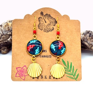ethnic earrings wax ginkgo flowers red and blue golden jewelry woman glass cabochon