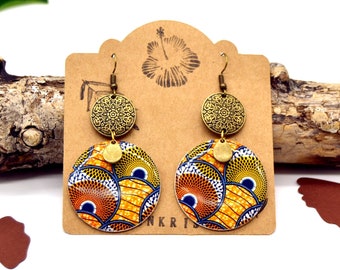 African Wax Earrings: Round Orange Green Brown Resin Earrings with Bronze Connector