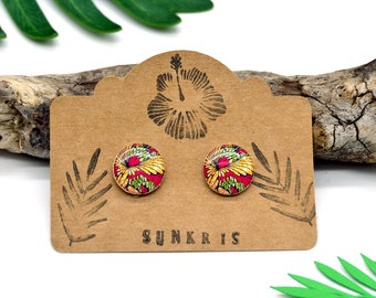 ethnic wood and paper flower wax stud earrings African jewelry yellow green pink