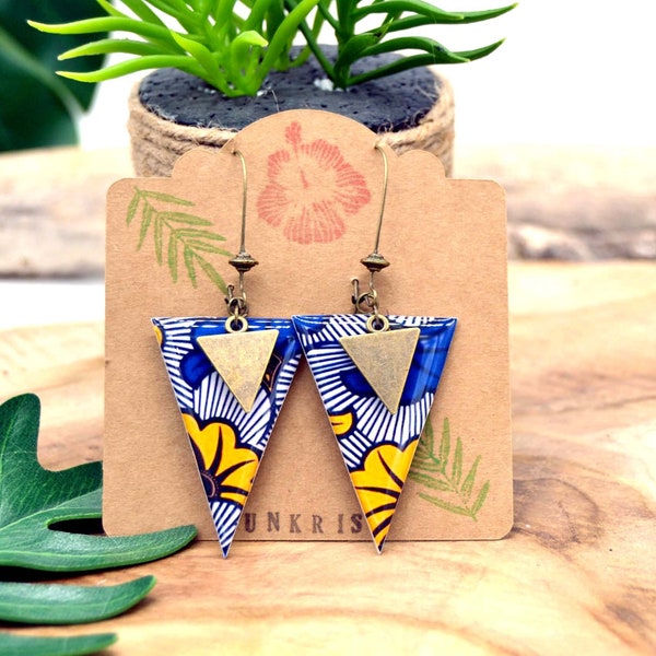 Boucles d'oreilles ethnique triangle papier wax africain fleur jaune bleu bronze cadeau bijoux femme