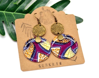 Purple and orange African wax print earrings with a bronze ethnic connector