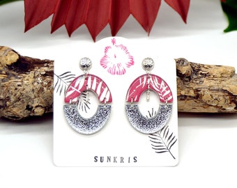 Resin earrings: pink and silver bow with foliage motifs for a touch of natural elegance