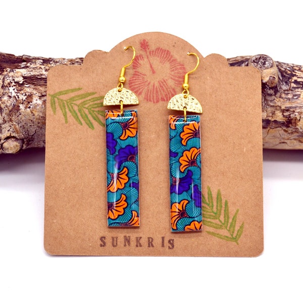 ethnic wooden earrings rectangular floral wax paper ginkgo biloba orange blue golden gift