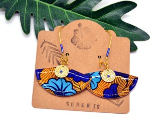 Mustard yellow, blue and gold floral wax paper fan sleeper earrings: an ethnic and elegant jewel