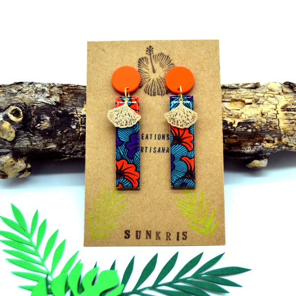 rectangular wooden earrings floral wax paper African ginkgo biloba orange blue golden women's gift